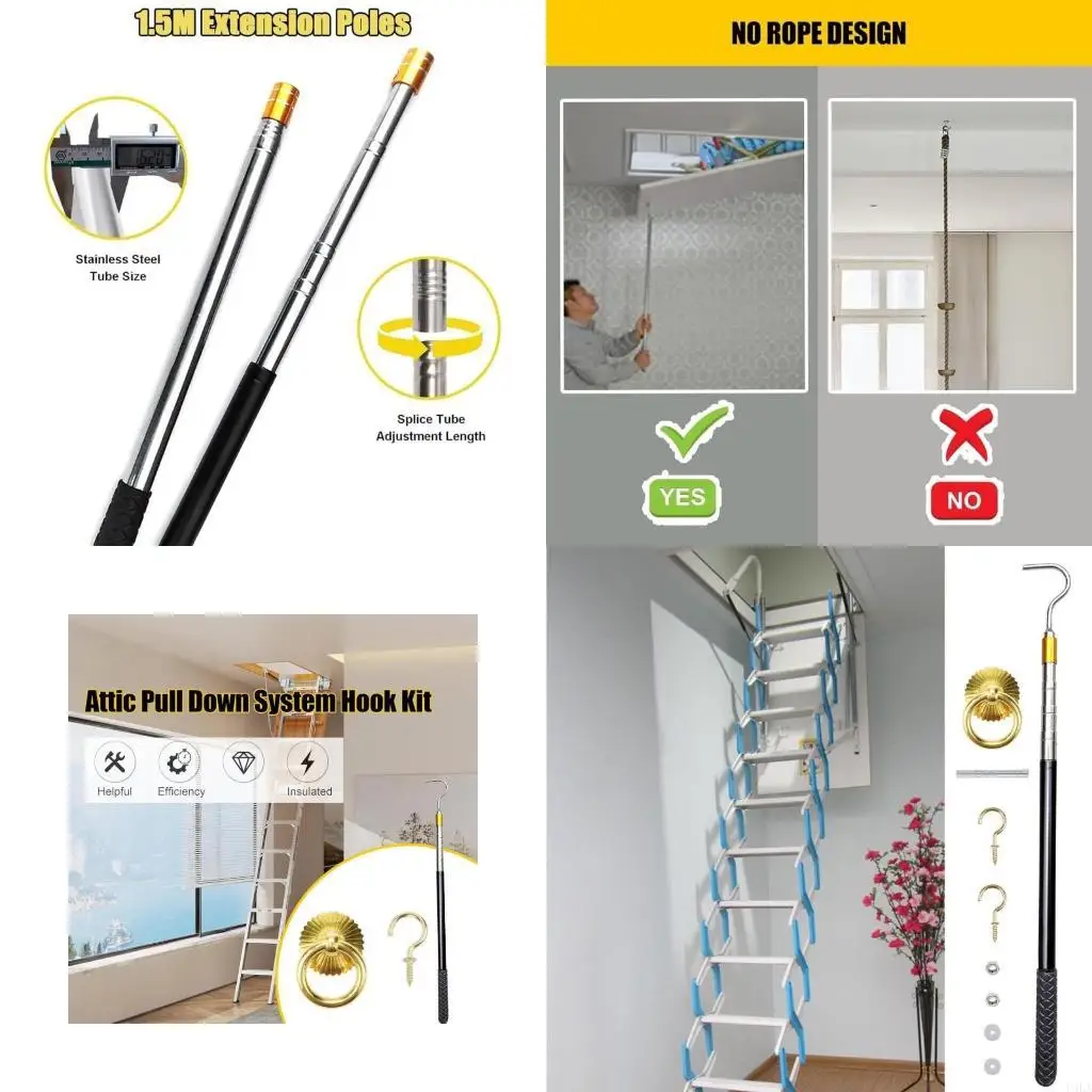 U4LA Functional Attic Pull Down Hook Innovative Attic Pull Down Hook Set with Three Stage Telescoping Rod and Rings