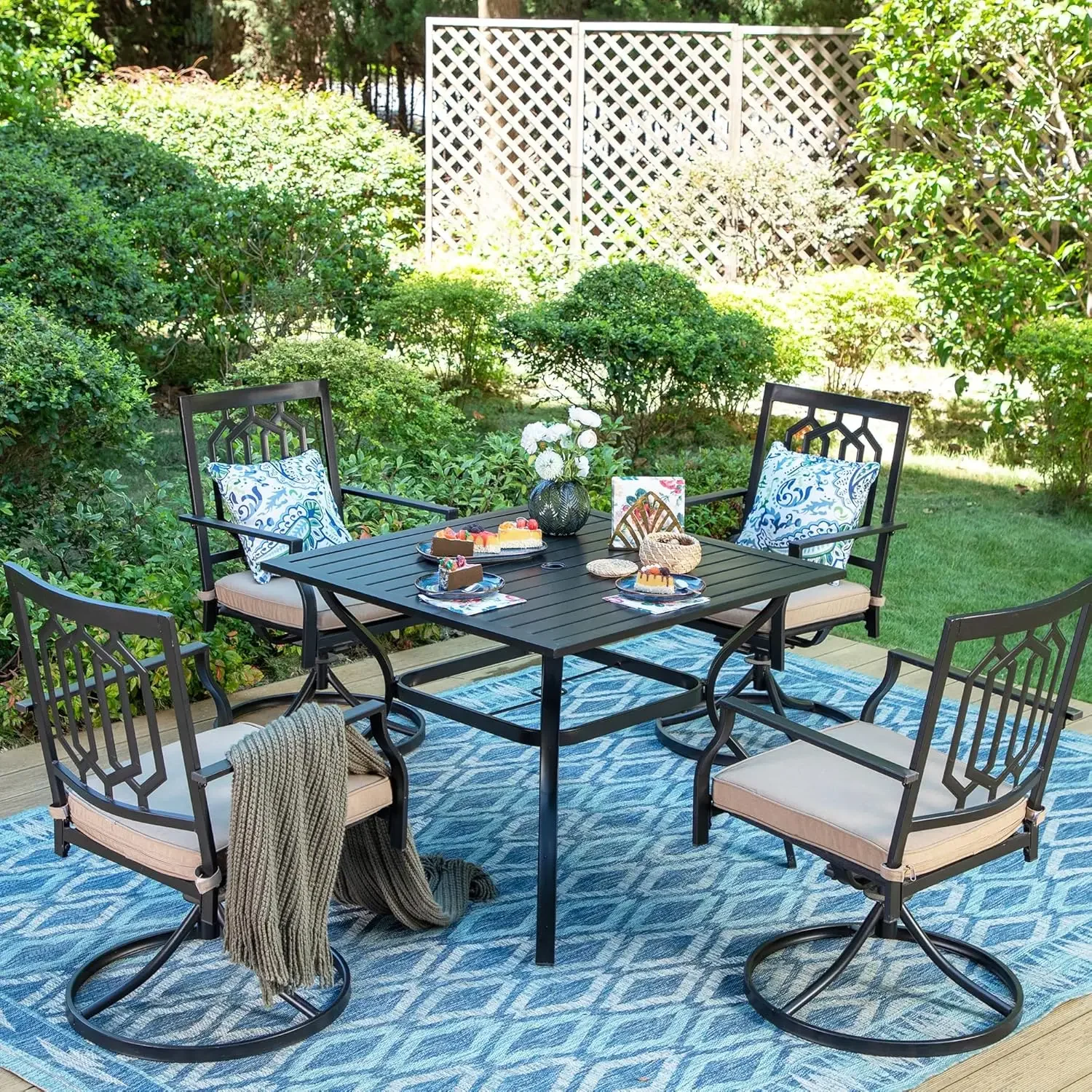 5-Piece Outdoor Dining Set, 4 Steel Metal Swivel Patio Chairs  Square Dining Table, Paperclip Pattern Back, Classic Black