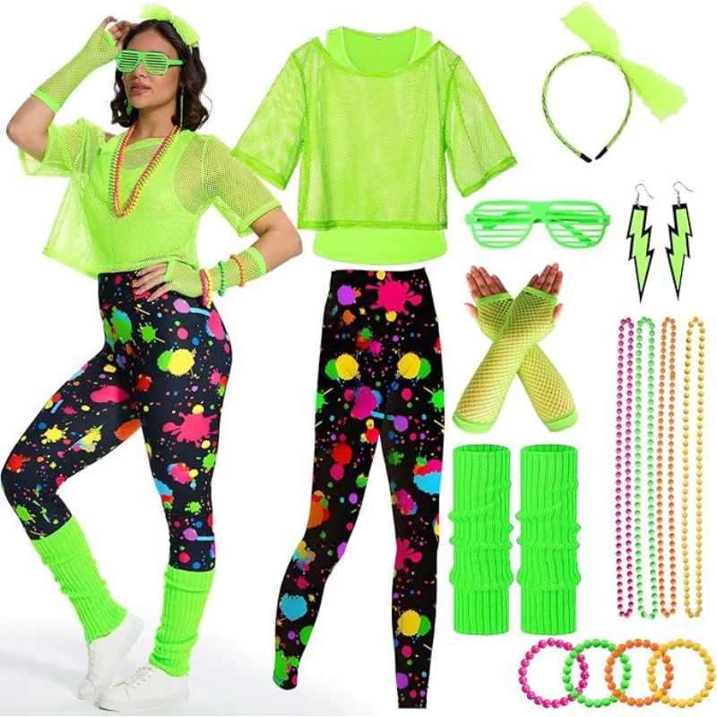 10Pcs/set Women 80s Fancy Workout Costume 80s Accessories Set Neon Mesh T-shirt Leg Warmers Gloves Earrings Necklace Fanny Pack