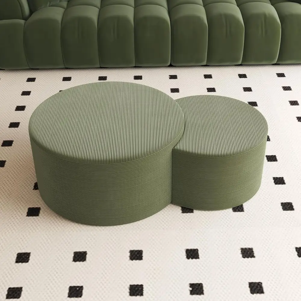 グリーンコーデュロイ張りの丸型オットマンのペア、32インチと17インチのリビングルームと玄関用サイドテーブル、フットレスト付き、組み立て不要