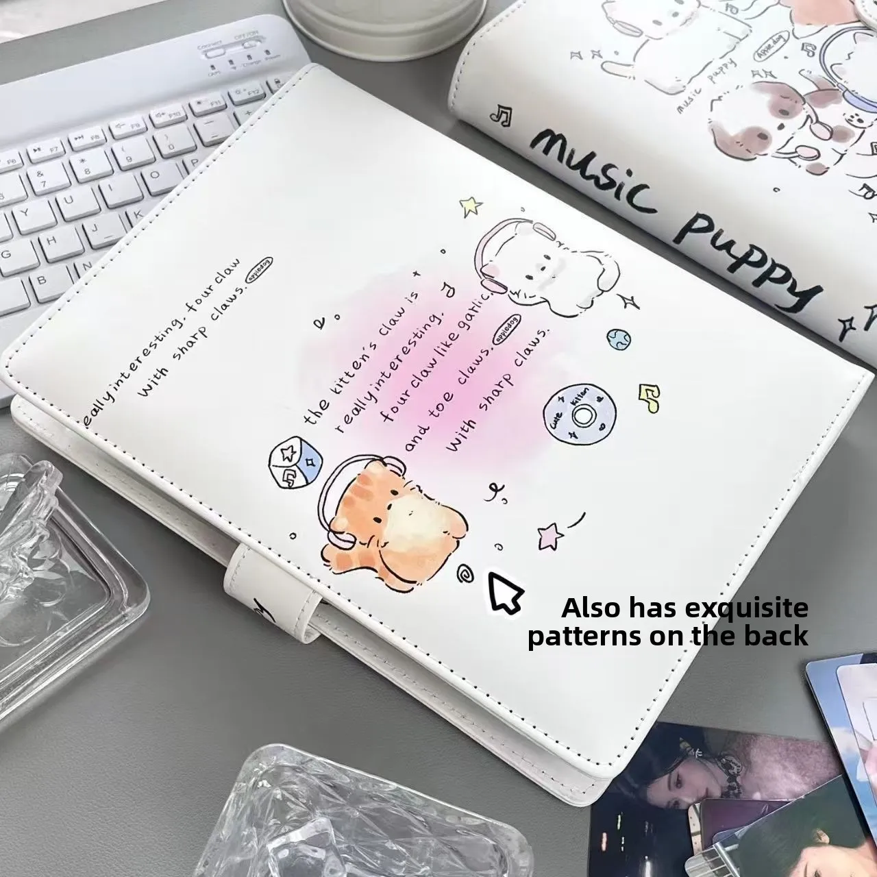 Music Cat Card Album Magnetic Closure A5 Four Grid Loose Leaf 3 Inch 5 Inch Laminated Niche Leather Storage Journal Stylish