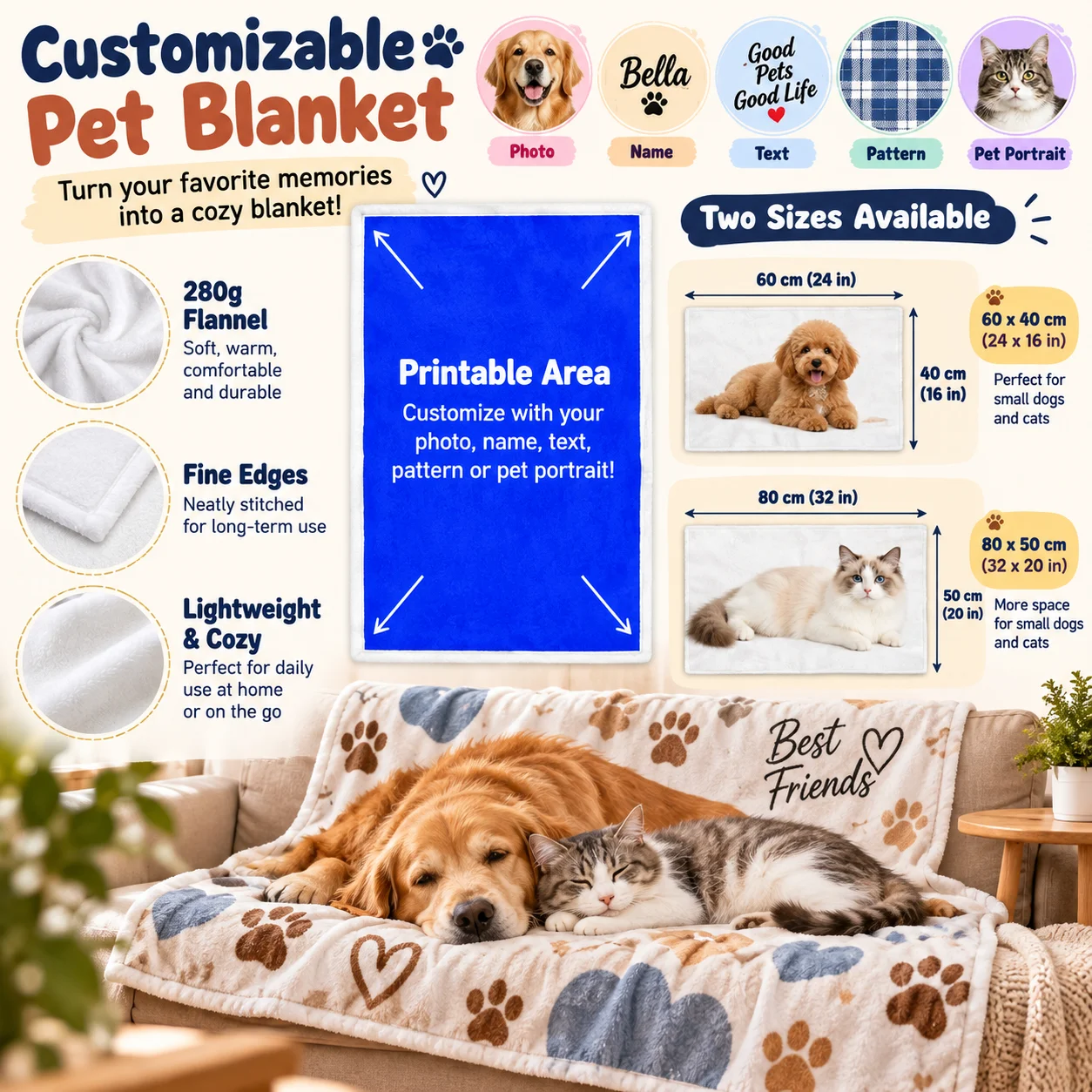 Custom 280g Flannel Pet Blanket Personalized Photo Name Text Print Soft Warm Washable Mat for Dogs Cats Sofa Bed Gift Home Decor