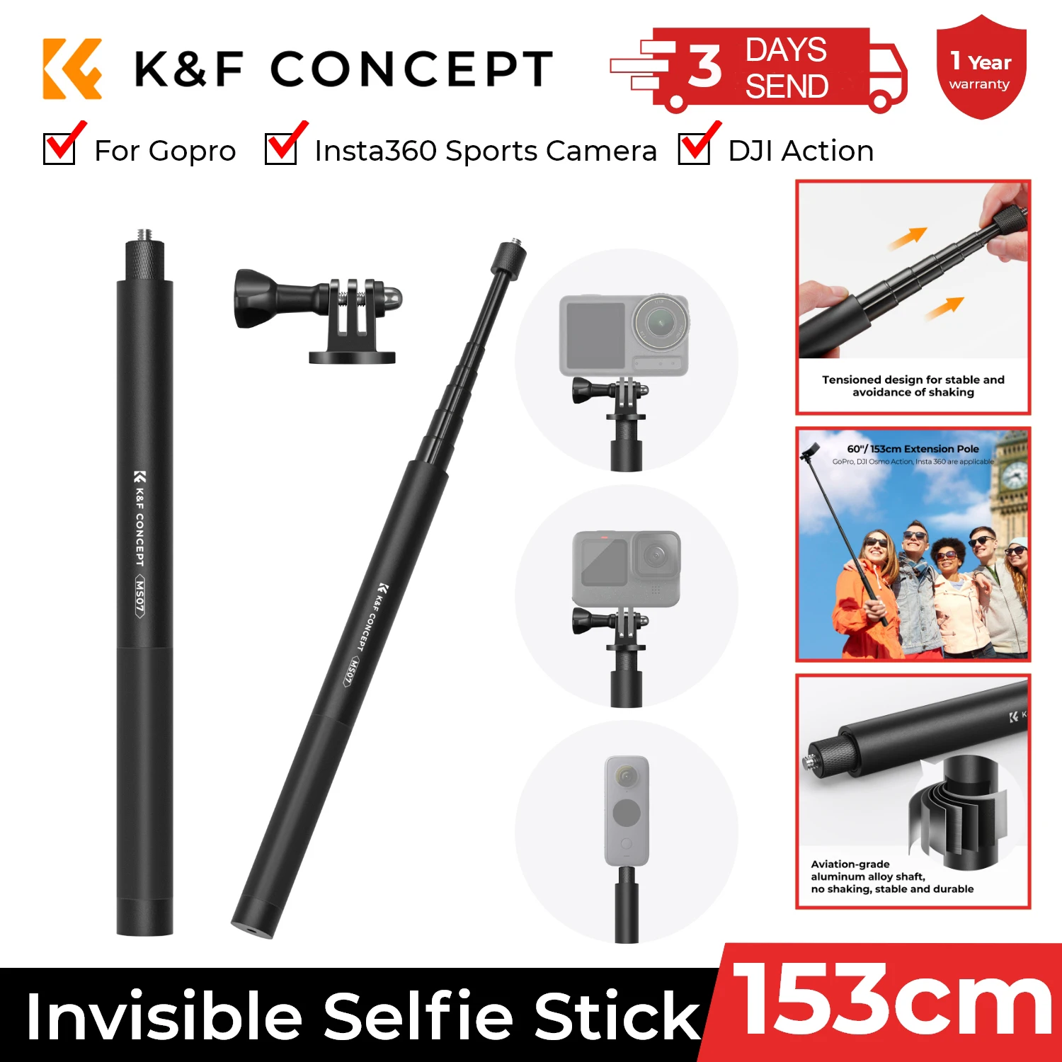 

K&F CONCEPT 60 Inch Invisible Selfie Stick Extension Pole For Insta360 Sports Camera GoPro DJI Action 1/4" Extended Monopod Pole