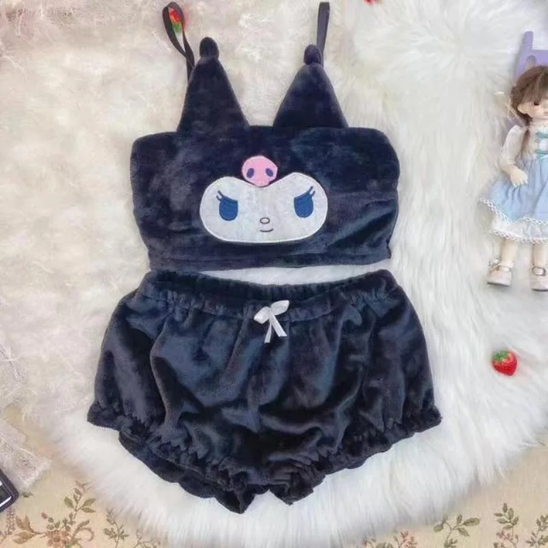 Sanrio Kuromi Cinnamoroll sweet cinnamon dog pajamas cute kawaii cartoon animation plus velvet underwear set suspender tube top