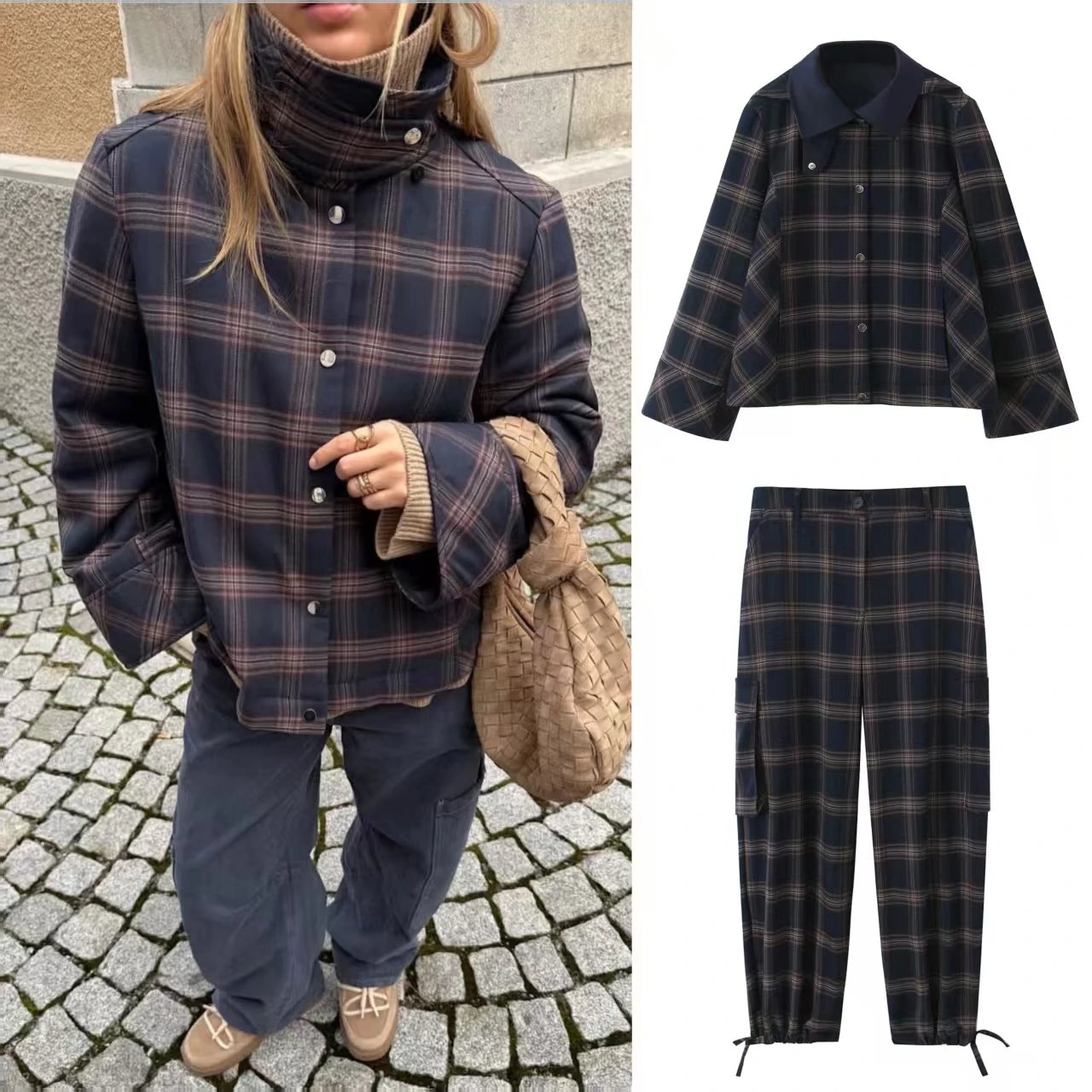 レディーススーツ 2025 冬新作 ディープブルー チェック柄 長袖 ルーズ フーディージャケット＆ワークパンツセット おしゃれでスタイリッシュ