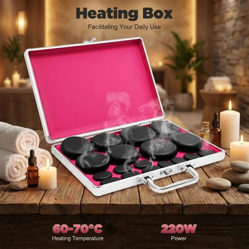 Professional Hot Stone Massage Includes Box Heating Kit Natural Volcanic Basalt Stones for Muscle Pain Relief, Home Spa Therapy