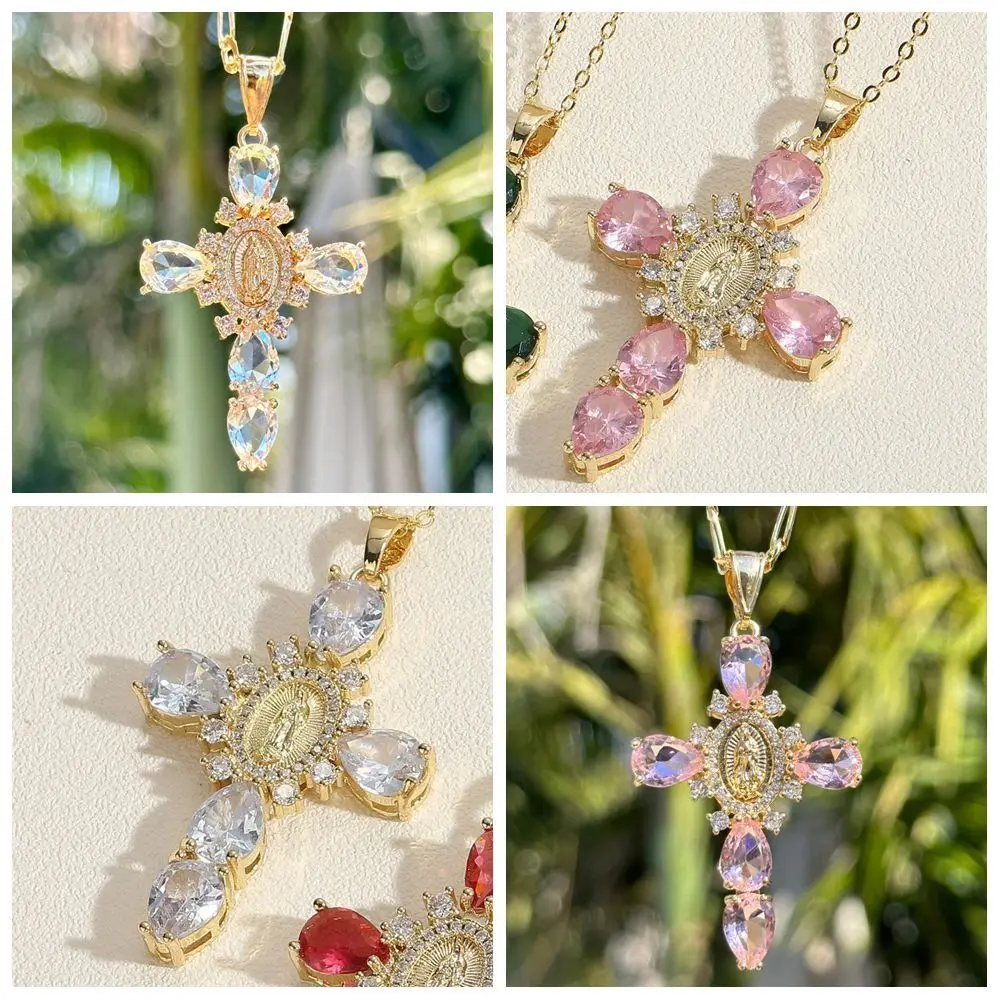 Party Accessories Zircon Cross Pendant Gold Color Valentine's Day Gift O Chain Necklace Fashion Jewelry Simple Statement