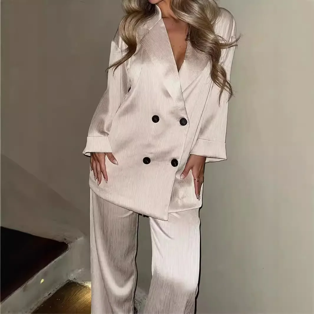 Casual Blazer Coat Notched Double Breasted Suit Coat Loose Lapel Floor-length Pant 2 Pieces Sets Summer Street Lady Chic Outfit