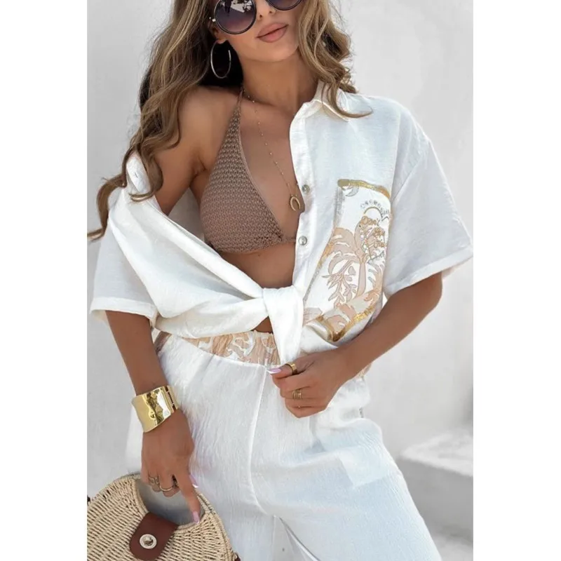 Women's Summer 2 piece Set Fashion Printed Shirt Blouse Casual Loose Half Sleeve Long Pants Pocket Beach Seaside Vacation Suits