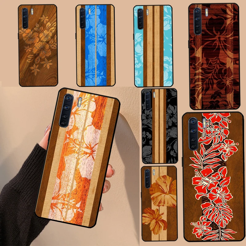 Hawaiian Faux Wood Surfboard Cover For OPPO A74 A54 A94 A78 A98 A16 A76 A96 A15 A17 A77 A52 A72 A5 A9 A53 A54s A57s Case