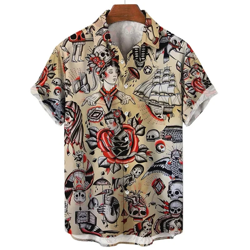 Hawaiian Shirts for Men Humanities Theme Oversized Short Sleeve Youthful Vitality HOLIDAY Clothes Turn-down Collar Tops Blouse