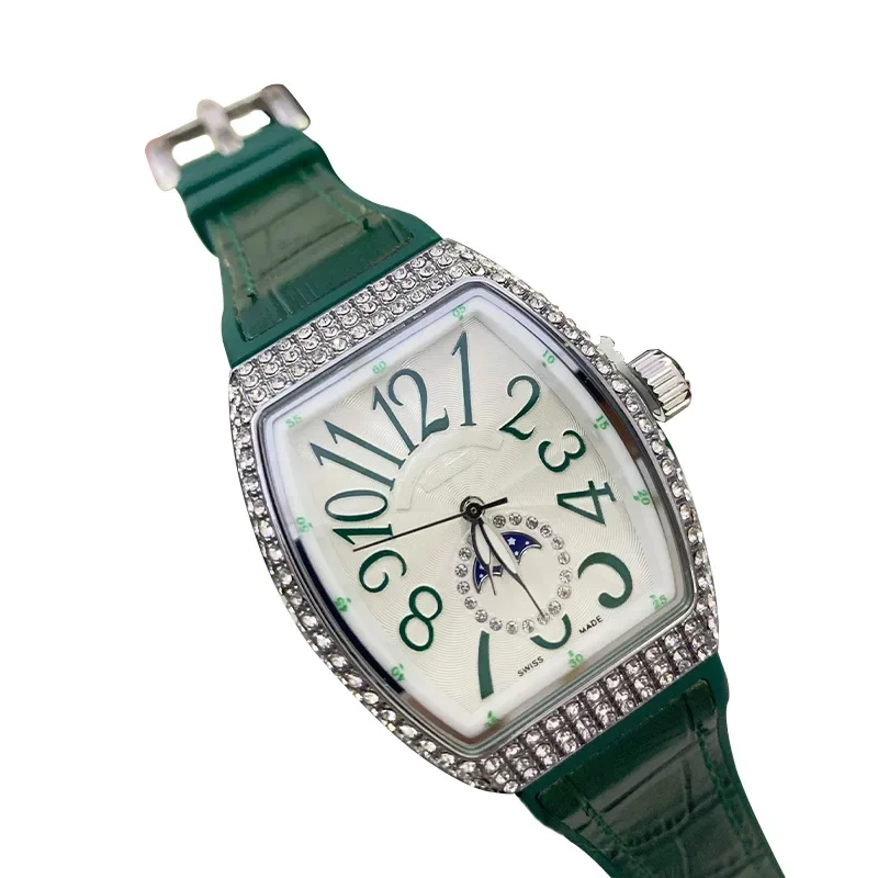 2025年ファッショナブルな大型メンズ腕時計、ダイヤモンドがちりばめられた防水レザーストラップ、バケット型レディース腕時計、ダイヤモンド象嵌入り