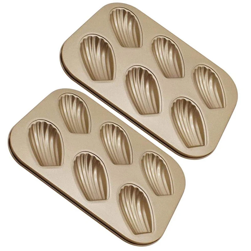 

BABQ 2 Pack Madeleine Mold Cake Pan, Non-Stick Heavy Duty Shell Madeline Bakeware for Oven Baking (Gold)