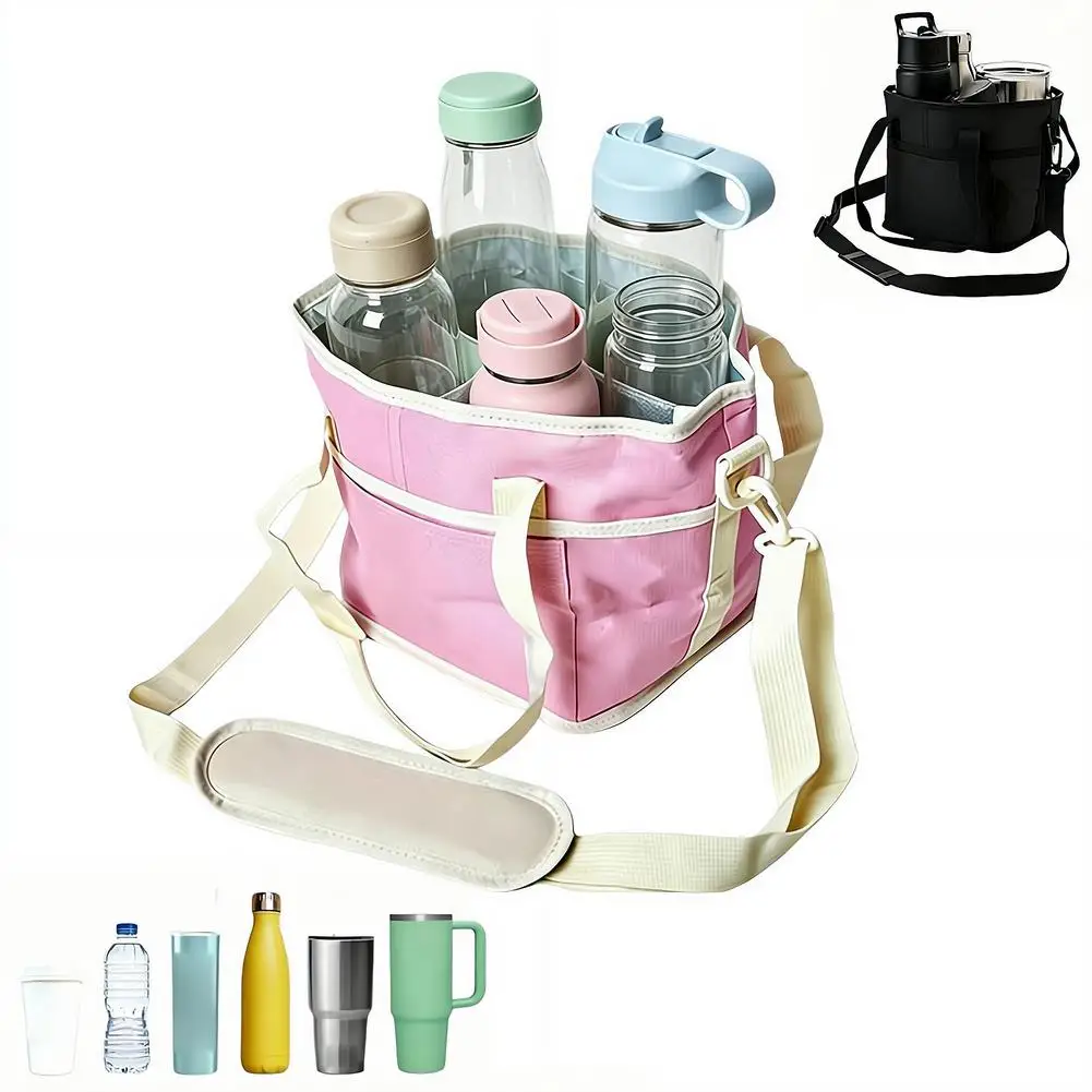 Oxford Cloth Bottle Carrier Bag 4 Bottle Capacity Front Pocket Storage Adjustable Shoulder Strap Removable Divider