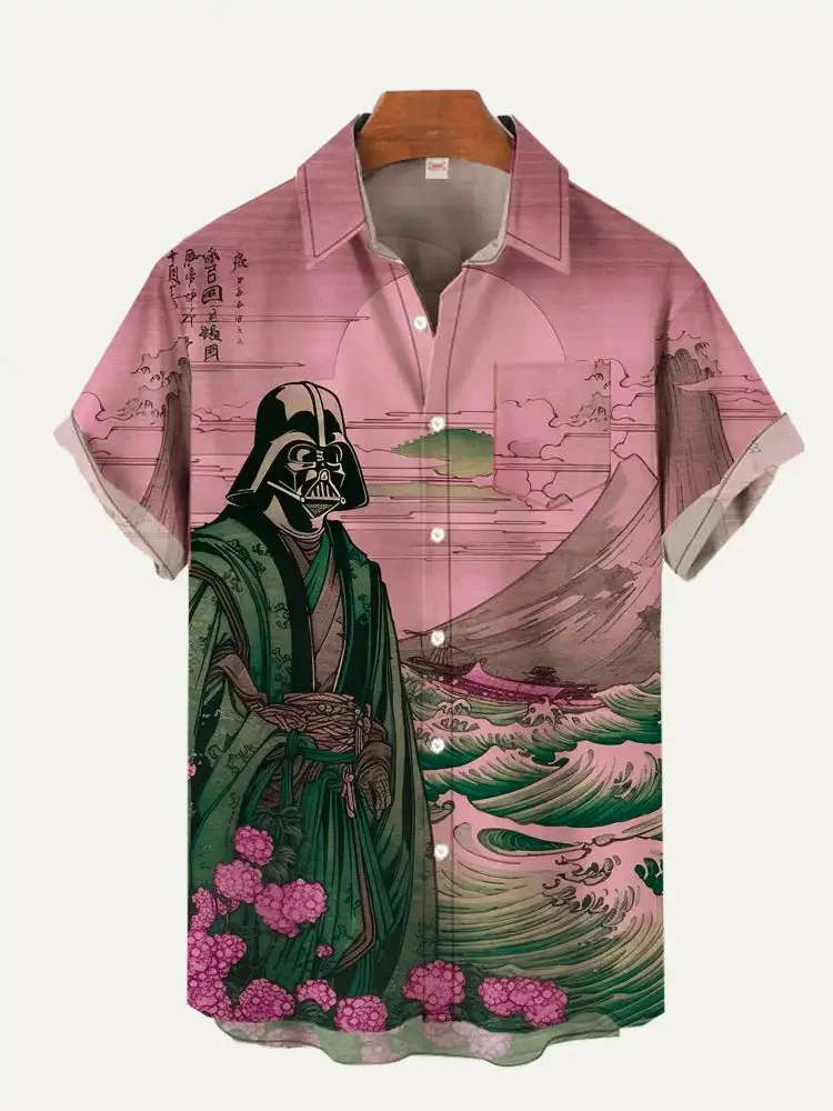 Vintage Ukiyo-e masked samurai landscap 3d Print Shirts Men Hawaiian Shirt Casual Beach Single Breasted Blouse Men's Clothing