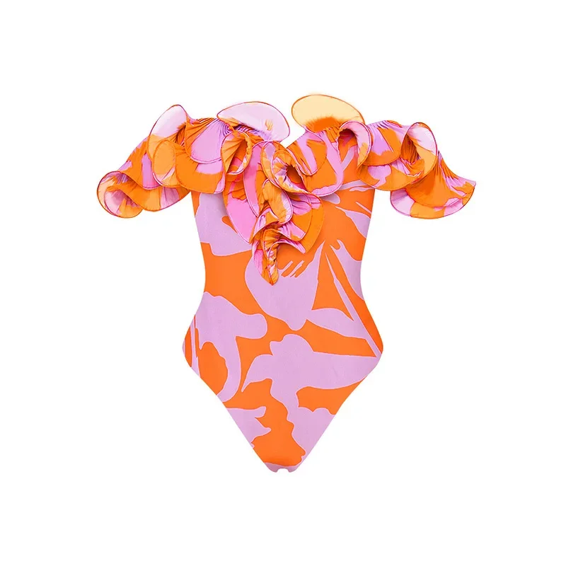 2025 2Pc High Quality One Piece Swimsuit Floral Ruffle Print Bathing Suit Push Up Swimwear Floral Shoulder Summer Beachwear