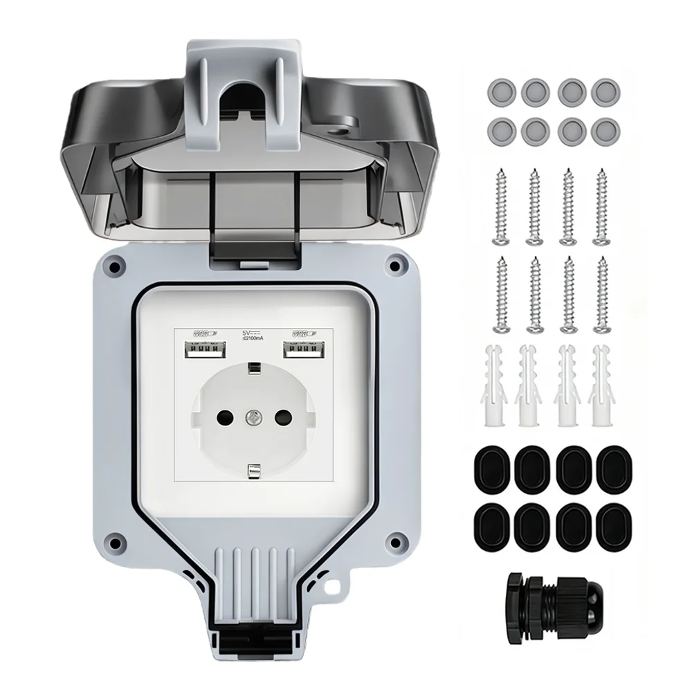 Waterproof Outdoor Socket,Double Power Outlet with Protective Cover ,Dustproof Windproof Socket,Wall-Mounted Garden Power Outlet image 3