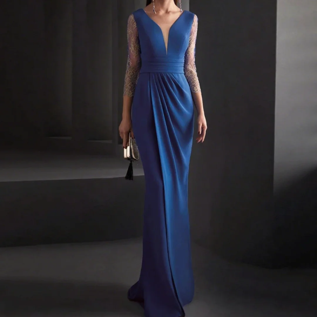 

New Classic Elegant Mermaid Mother of the Bride Dress Blue V-Neck Wedding Lace-Sleeve Ruffled Party Evening Gown Customized