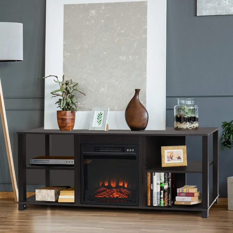 حامل تلفزيون Tangkula مكون من طبقتين، مراكز ترفيهية حديثة مع أرفف قابلة للتعديل، مناسبة للمدفأة الكهربائية مقاس 18 بوصة (غير متضمنة)