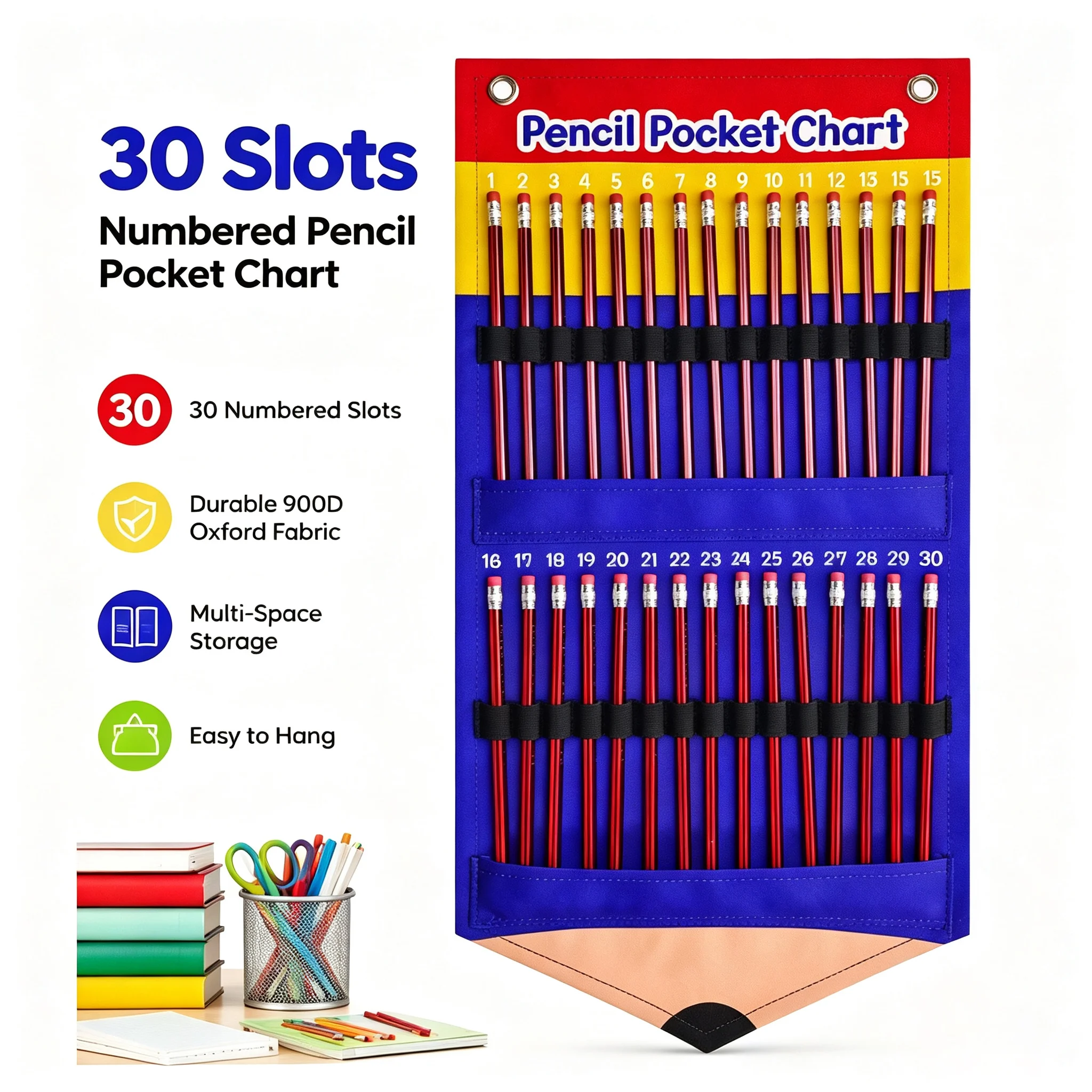 30 Slots Numbered Pencil Pocket Chart Hanging Pencil Organizer Classroom Teacher Stationery Storage Holder for School Homeschool