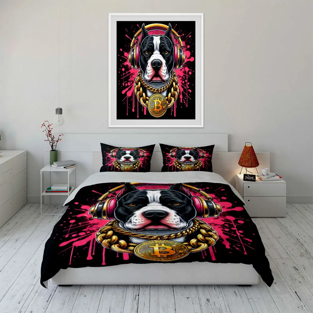 Dog with Headphones and Bitcoin Necklace Bedding Set for Kids Luxury Gift 3pcs Digital Print Comforter Set Soft Comfortable