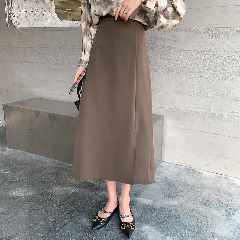 

Long Skirt for Women 2022 Autumn and Winter New Korean Solid Color Split A-line Skirt High Waist Zipper Knee Length Skirt Femme