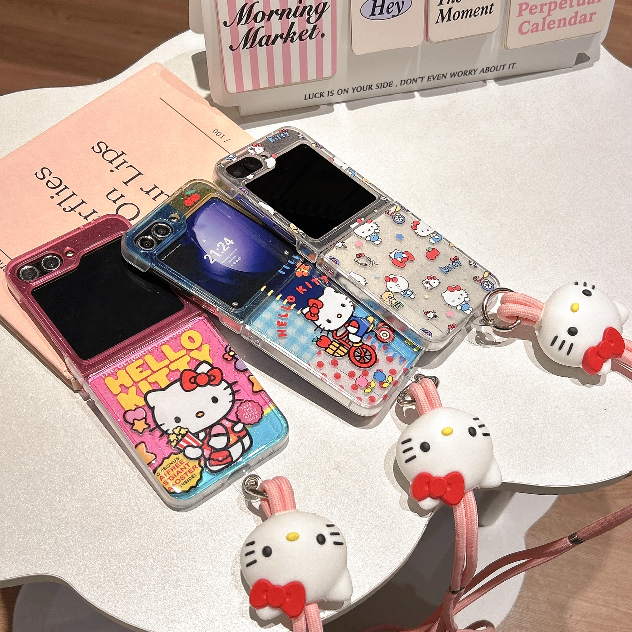 

Fashion Sanrio Hello Kitty Popcorn, Bicycle, and Full Screen KT Phone Case For Samsung Galaxy Z Flip 7.6.5 With Lanyard Cover