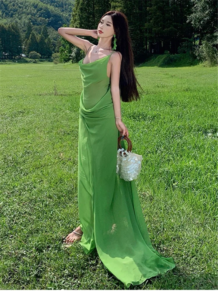 バックレスサマーグリーンメッシュフェアリーホリデーイレギュラーロングドレスノースリーブスイングカラーバケーションビーチフォトメッシュキャミソールドレス