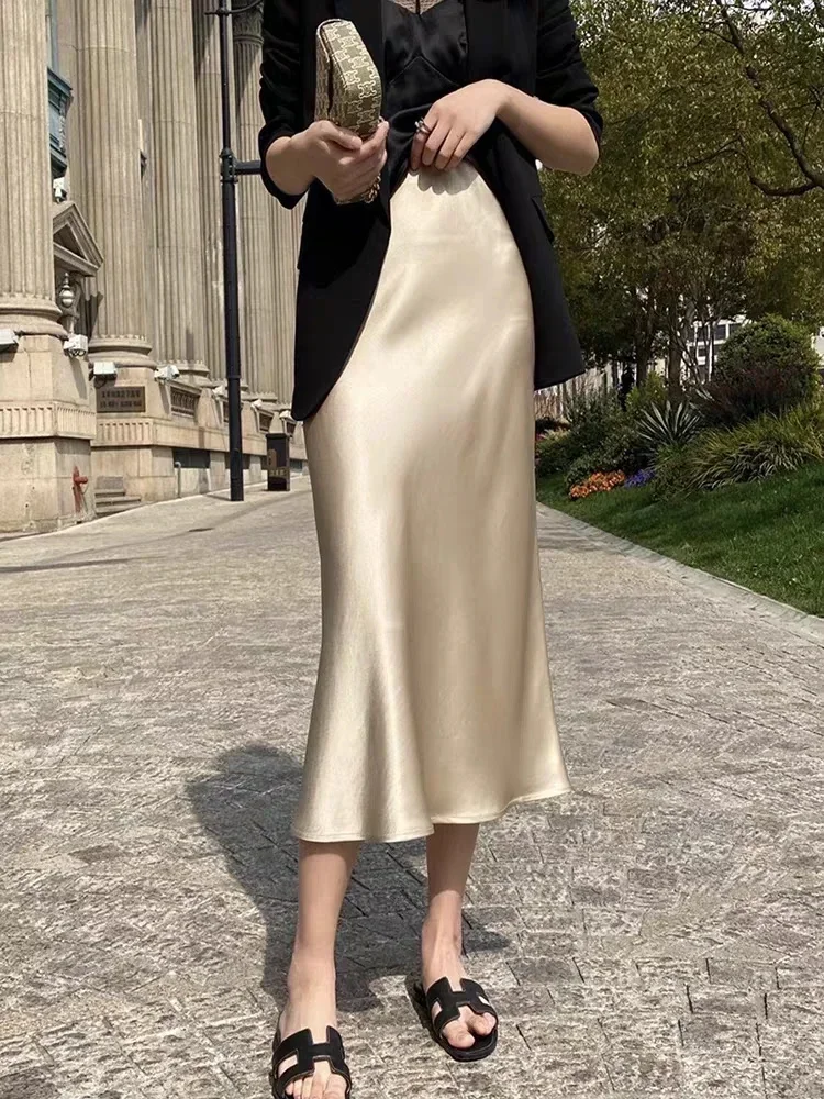 Style coréen soie Satin jupes pour femmes Champagne bureau taille haute a-ligne jupe mode élégant solide longue jupe crayon 2025