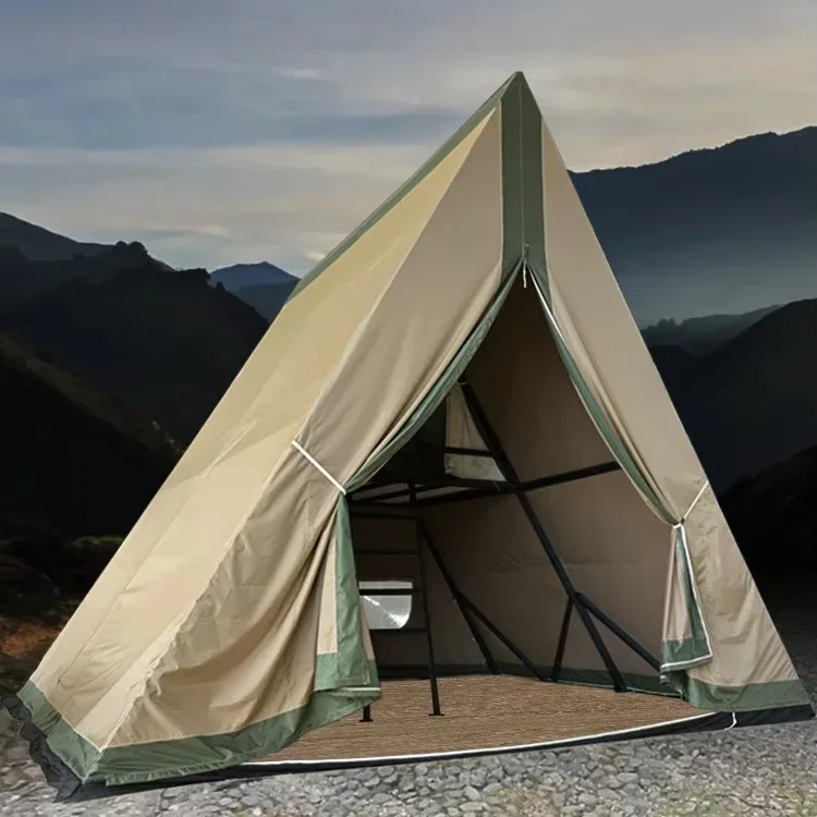 2026 Triangular Oxford Double-layer Tent Galvanized Square Tube Two Floor Villa Cabin Anti-light Luxury Rain Camping Tent Glampi