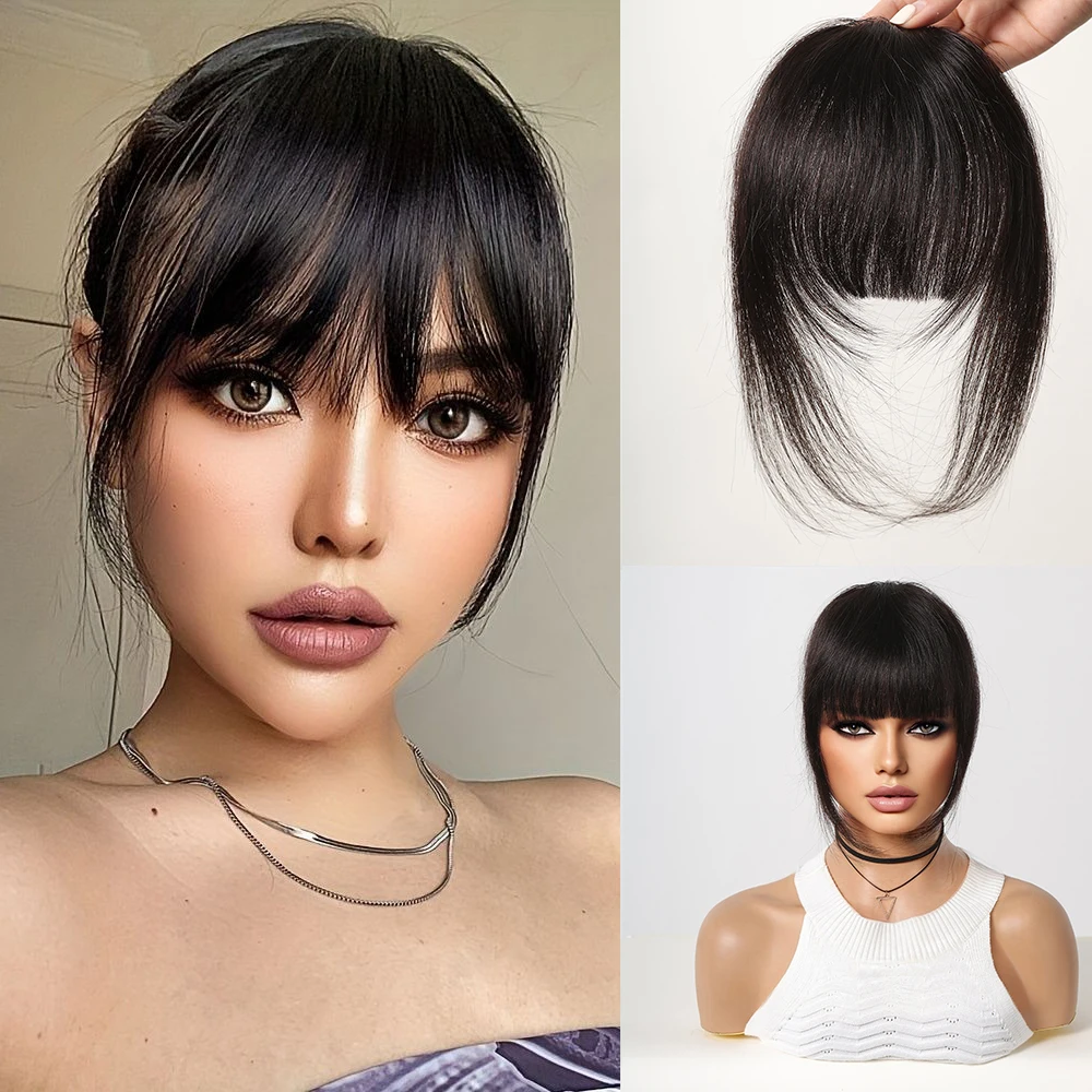 100% Remy Human Hair Fringe Bangs Clips in Natural Black Human Hair 3D Air Fringe Bangs Hairpieces for Women with Thinning Hair