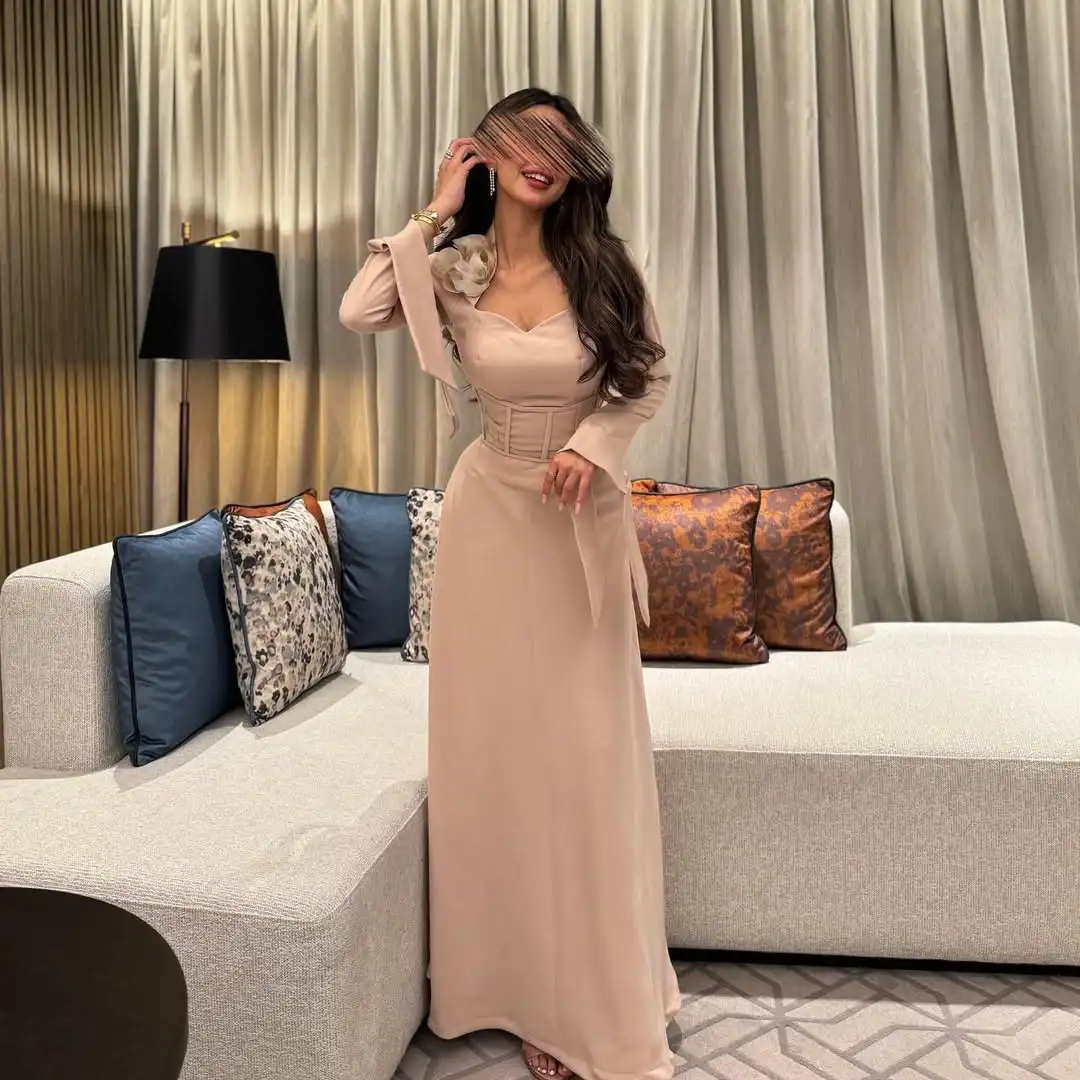 

Customized Mermaid Long Sleeves Evening Dresses Floor Length Prom Dresses Pleated Flowers Party Dresses