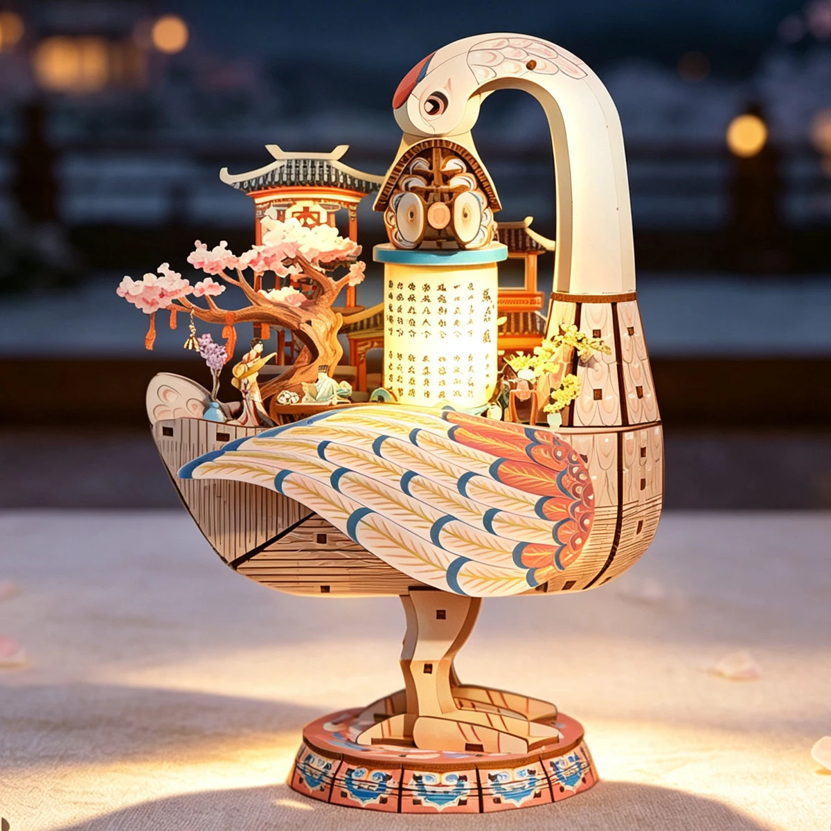 White Swan Music Box 3D Wooden Puzzle DIY Building Kit Rotating Musical Model with LED Light Desktop Toys Girls Birthday Gifts