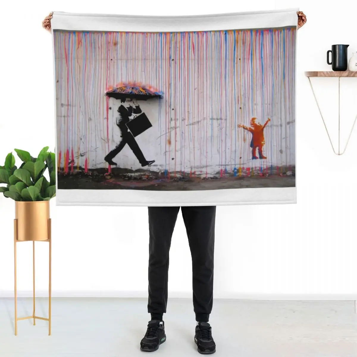 Banksy Umbrella Rainbow Happy Girl Throw Blanket Loose Personalized Gift Large Moving Hair Blankets