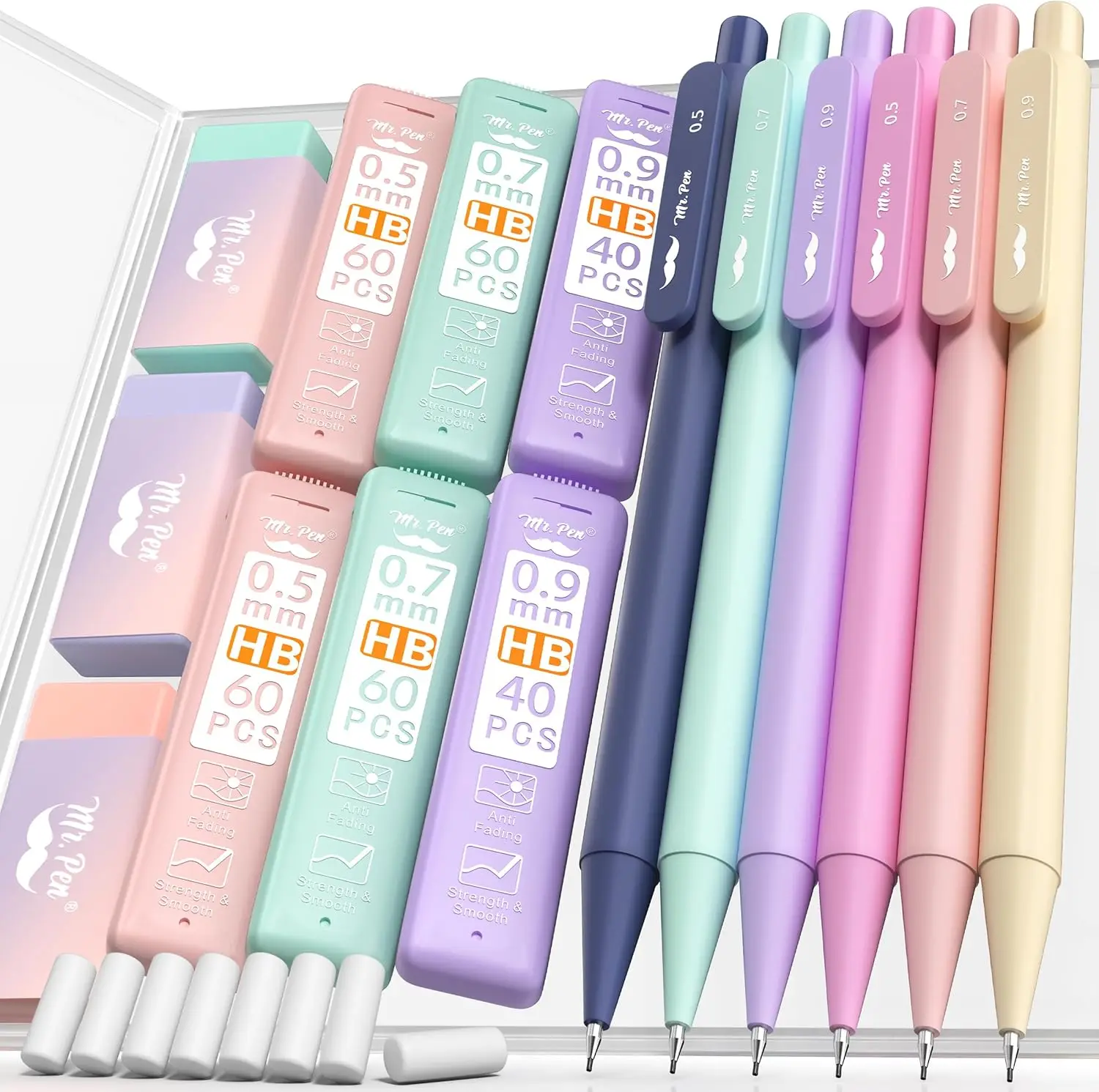 

Pastel Mechanical Pencil Set with Lead Refills & Erasers, 6 Pack, 0.5 0.7 0.9mm, HB Lead, Ergonomic Grip for School, Drafting,