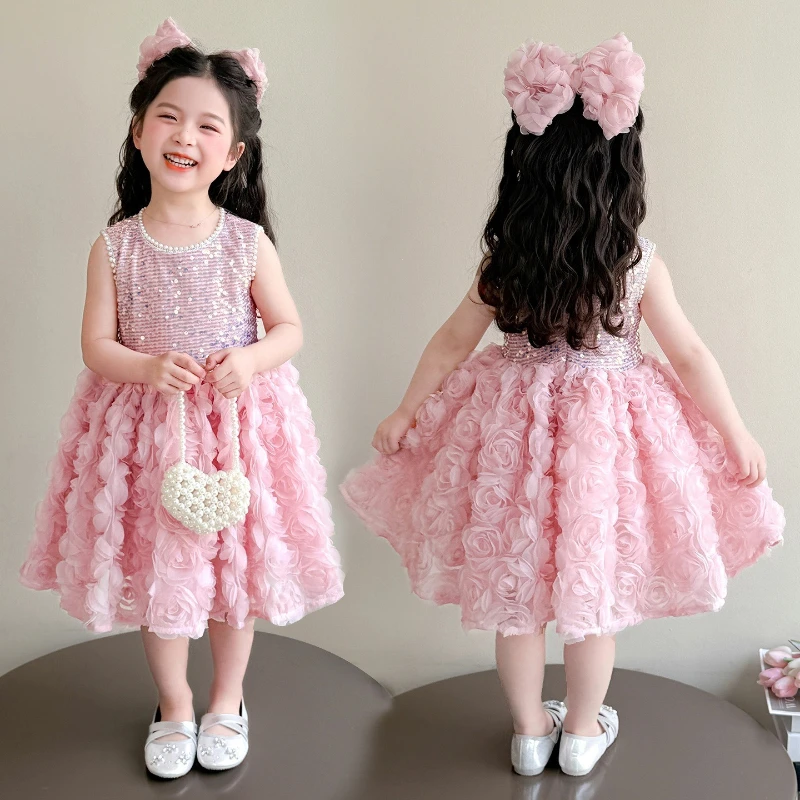 Vestido de Niña 2026, Vestido de Princesa con Tutú Rosa 3D, Vestido Formal para el Primer Cumpleaños, Disfraz de Dama de Honor para Bebé