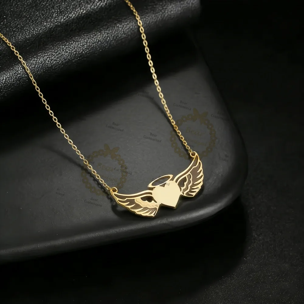 Personalized Custom Name Necklace Angel Wings Heart Wing Engraved Letter Stainless Steel Pendant Fashion Delicate Jewelry