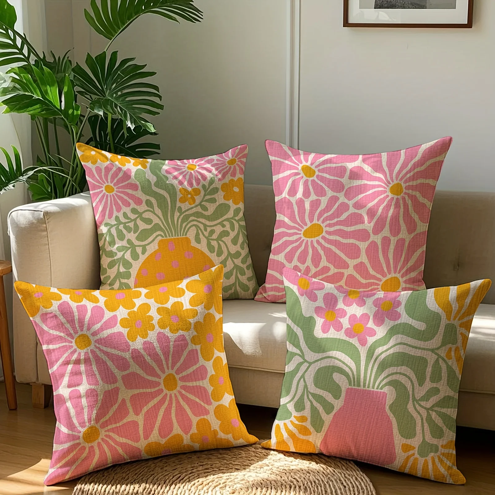 4 piezas  fundas  almohada estilo bohemio impresas en 2D, diseño abstracto floral vintage, fundas  cojín para coración d