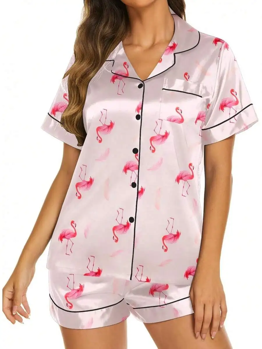 

Womens Satin Flamingo Print Short Sleeve Pajama Set Button Down Sleepwear