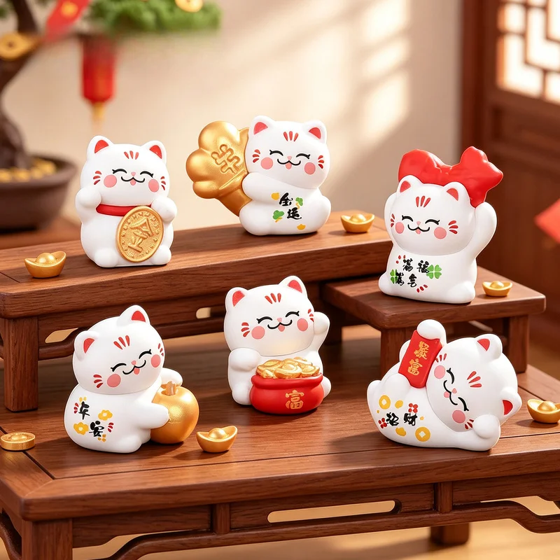 6pcs Chinese Good Luck Cat Cartoon Maneki Neko Ornaments Lucky Cat Model Figurine Luckly Wealth Home Desktop Car Decoration