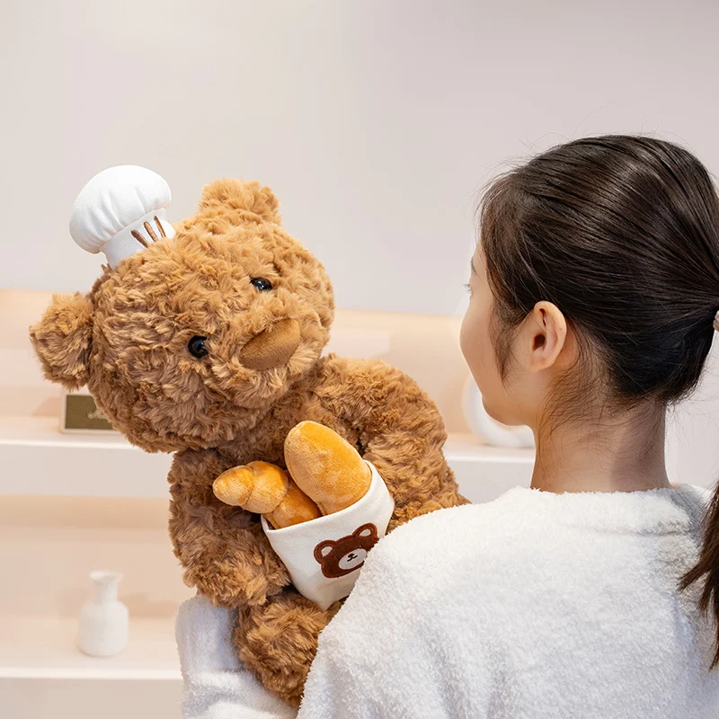 Lindo oso de Chef de peluche de juguete, Animal relleno suave y rizado, muñeco de oso que sostiene el pan usando un sombrero de Chef, juguete para niños, regalo de cumpleaños y Navidad