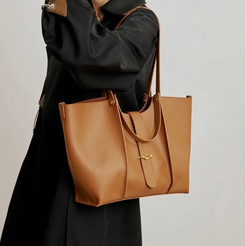 Textured Tote Bag Genuine Leather Women Casual Commute Shoulder Bags Large Capacity Female Shopping Portable Handle Bag