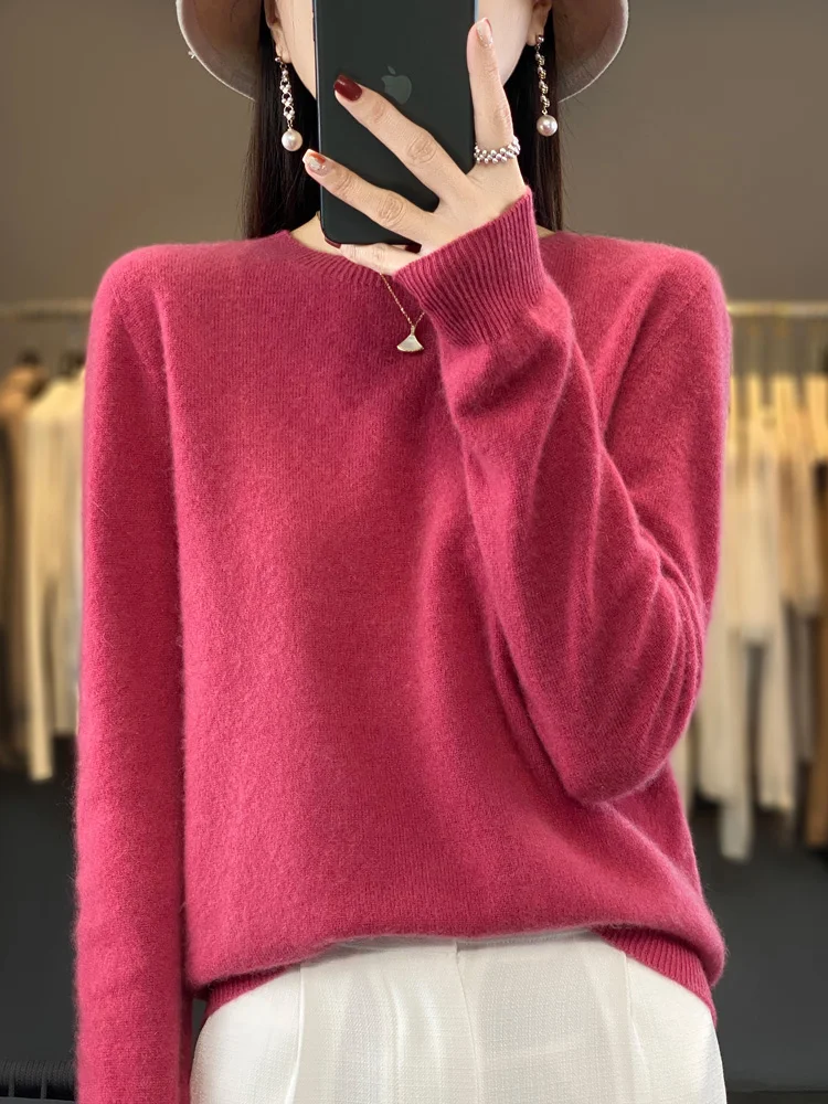 100% Merino Wool Sweater Cashmere  Pullover Women Knitwear O-Neck Long Sleeve  Autumn Winter Fashion Basic Clothing Tops