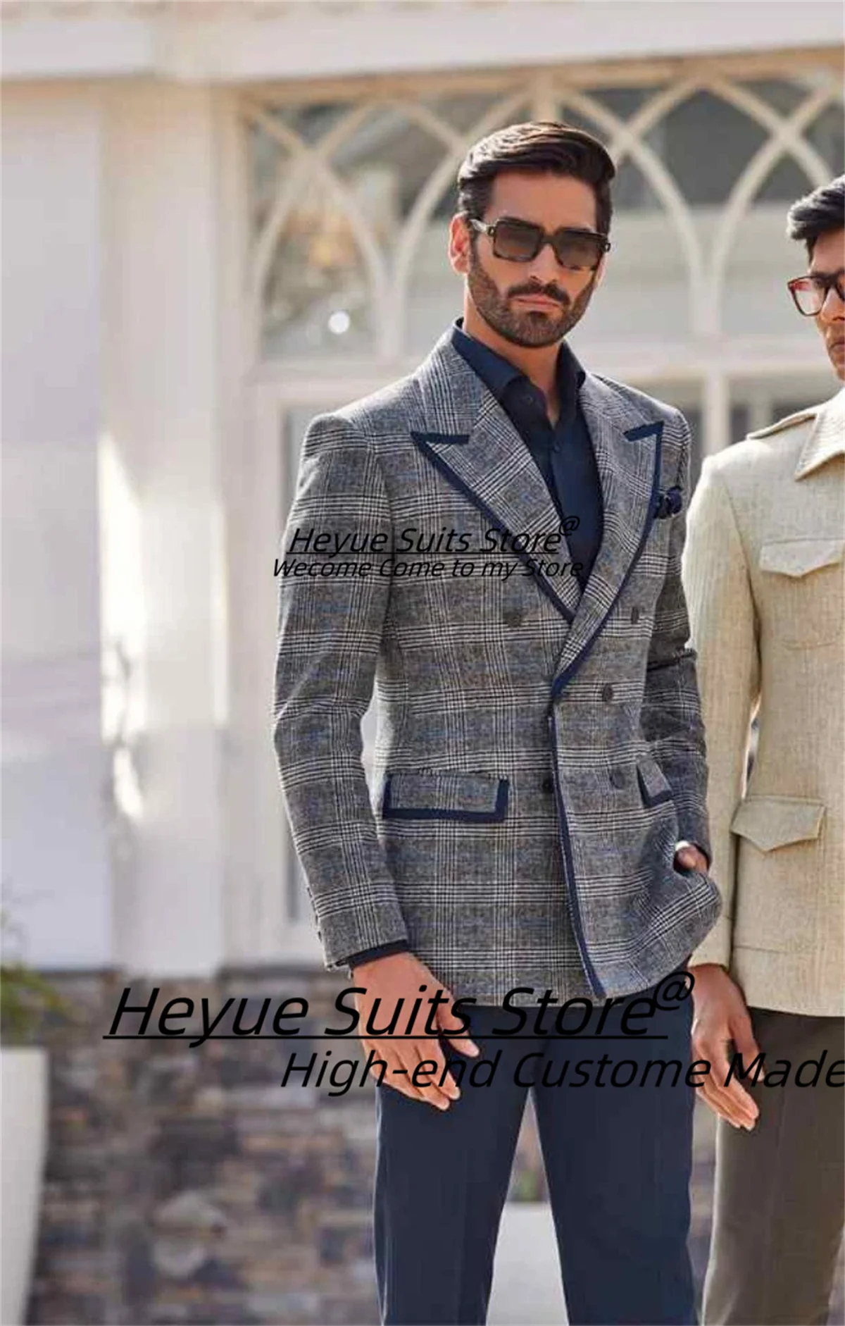 

High-qublity Plaid Men Suits Customized Slim Fit Double Breasted Groom Wedding Tuxedos 2 Pcs Sets Male Prom Blazers Ropa Hombre