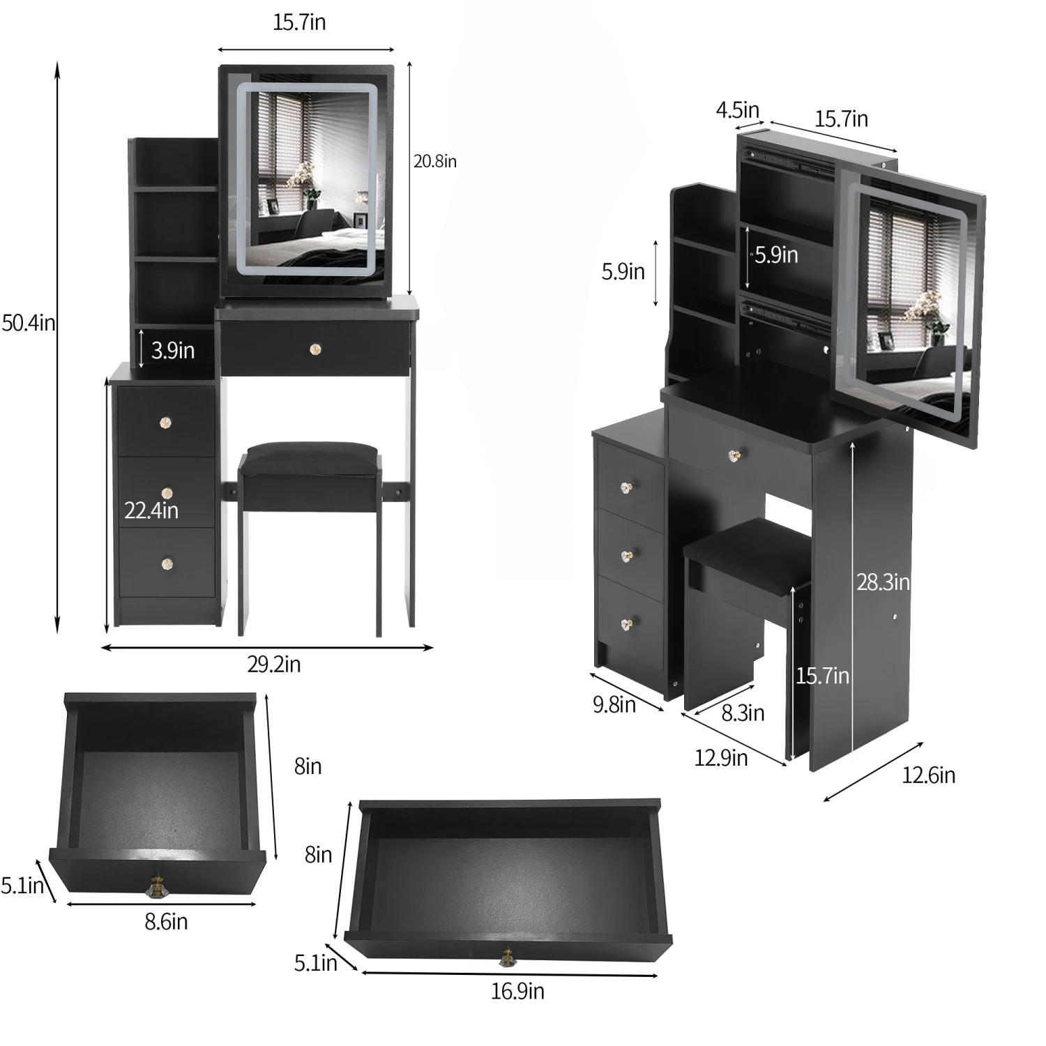 

Small Space Left Bedside Cabinet Vanity Table + Cushioned Stool, Extra Large Touch Control Sliding LED Mirror, Tri-color Switchi