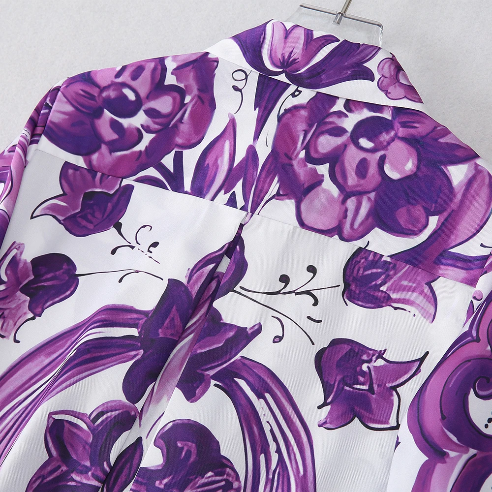 فستان نسائي بفتحة طويلة الأكمام وياقة مقلوبة قميص فضفاض تنورة طويلة موضة طباعة رداء نحيف عالي الخصر فستان واحد الصدر #5