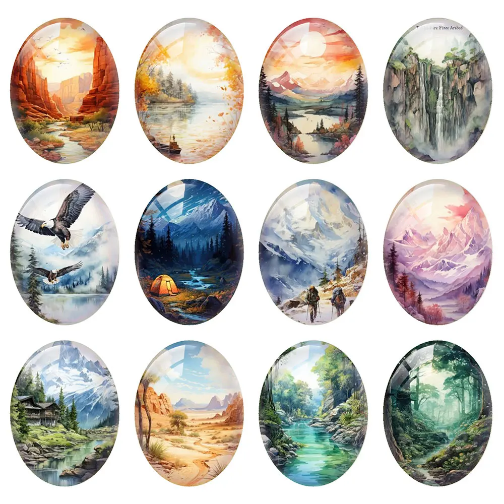 Random Mixed Round/Oval/Square Natural Scenery Mountains Fields Photo Glass Cabochon Flatback Demo Cameo For Diy Jewelry Making