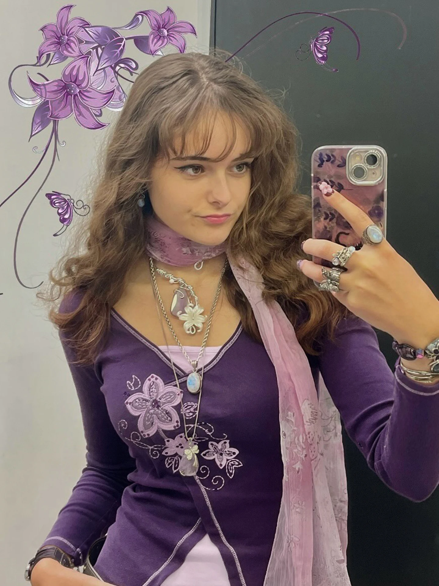 

WEEKEEP Vintage Purple Long Sleeve T-Shirt Women's Slim Fit Floral Embroidery Top Street Style Universal Size Polyester Spandex