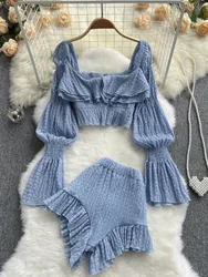 ssTss Women Fashion Summer Two Piece Set 2024 Square Collar Long Sleeve Ruffles Crop Top And Elastic Waist Short Pants Suits