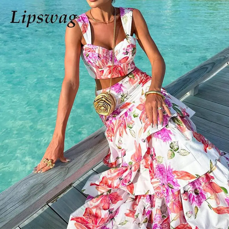 

Sexy Wrap Chest Sling Tops & A-Line Skirt Suit Women Elegant Flower Print Slim Bohemian Outfits Fashion Party Long Skirt 2Pc Set